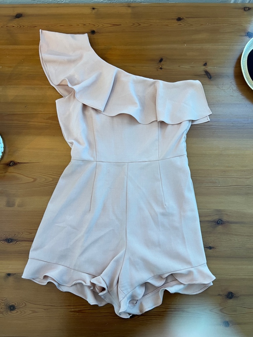 J.O.A. One-Shoulder Ruffle Peach Romper